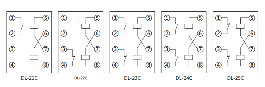 DL-25C系列电流继电器内部接线及外引接线（正视图）