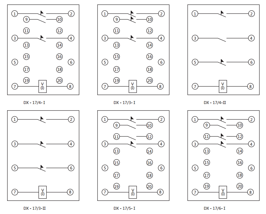 DX-17/4信号继电器内部接线及外引接线图（正视图）