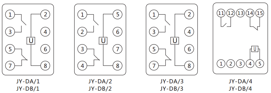 JY-DB/3集成电路直流电压继电器内部接线图及外引接线图（正视图）