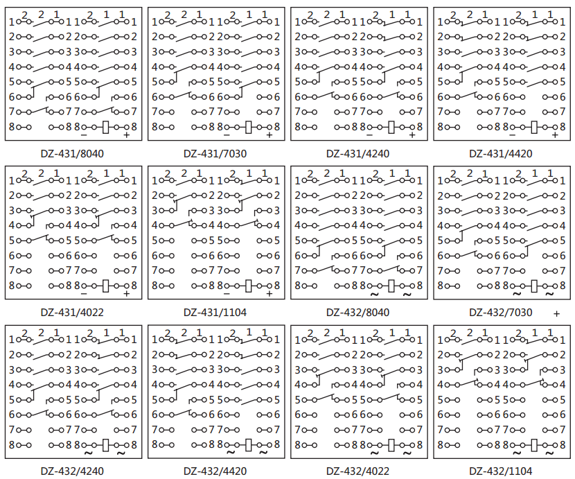 DZ-432中间继电器内部接线图及外引接线图（背视）