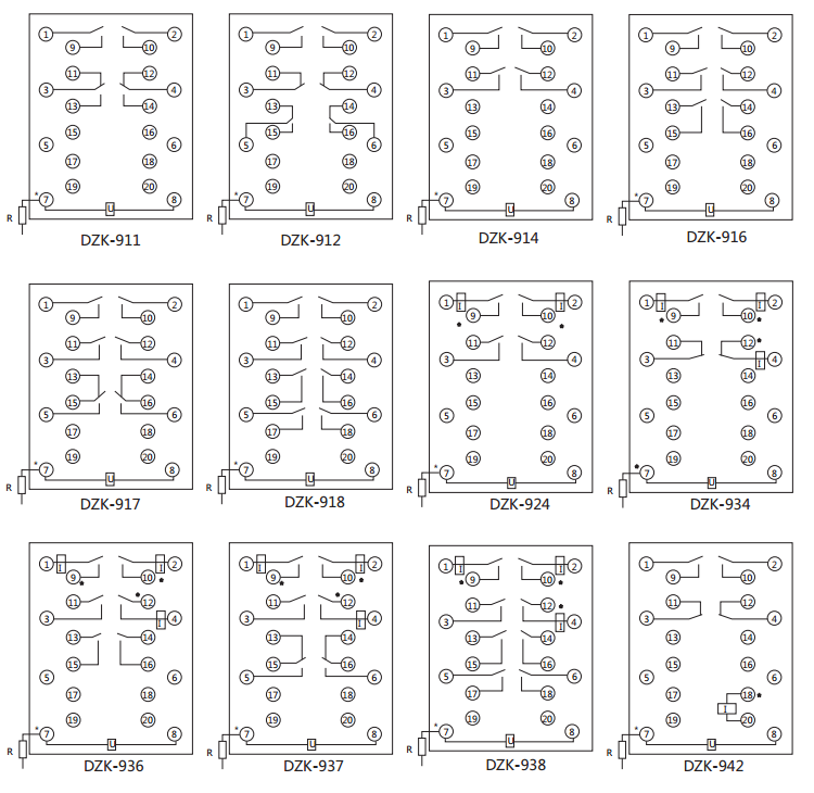 DZK-938快速中间继电器内线接线及外引接线图(正视图)