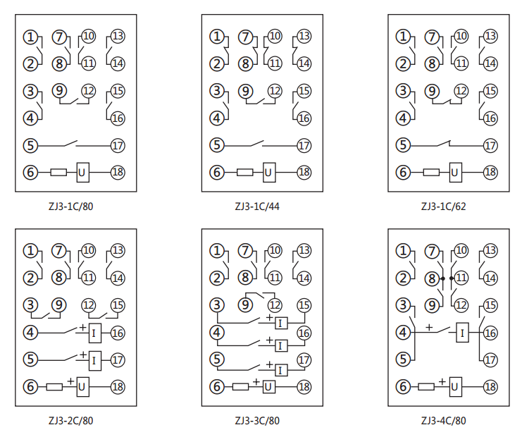 ZJ3-3C/80快速中间继电器内部接线图及外引接线图(正视图)