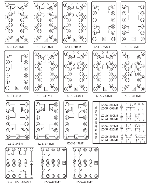 JZ-Y-404MT跳位、合位、电源监视中间继电器内部接线图