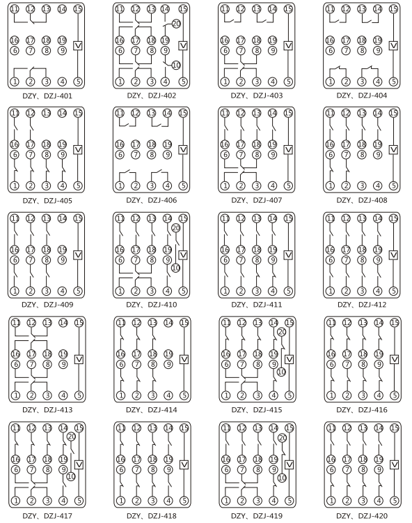 DZY（J)-420导轨式中间继电器内部端子外引接线图(正视)
