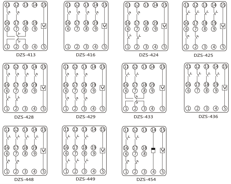 DZS-425中间继电器内部端子外引接线图(正视)