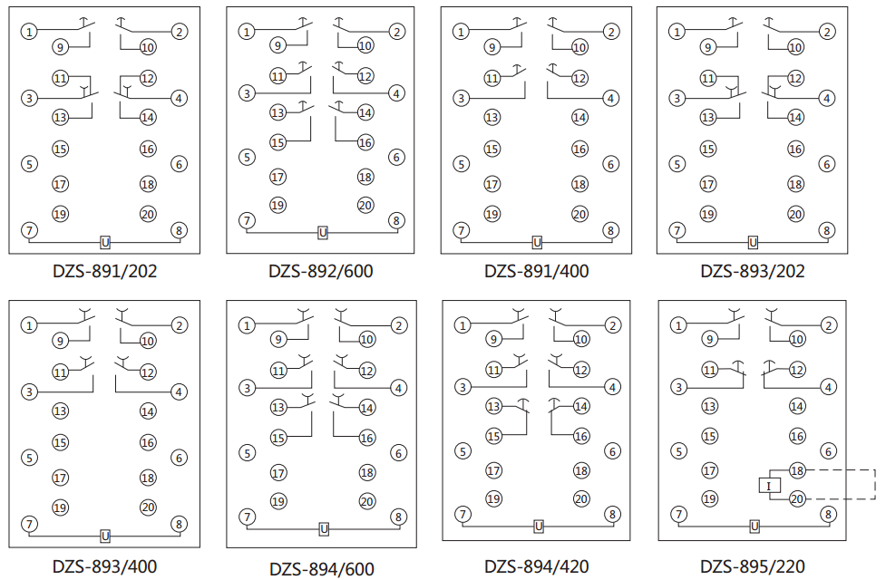 DZS-893延时中间继电器内部接线图及外引接线图（背视）