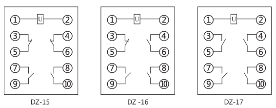 DZ-17中间继电器内部接线图及外引接线图(正视图)